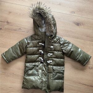 Olive Green Hooded Puffer Coat with Faux Fur Trim removable fur